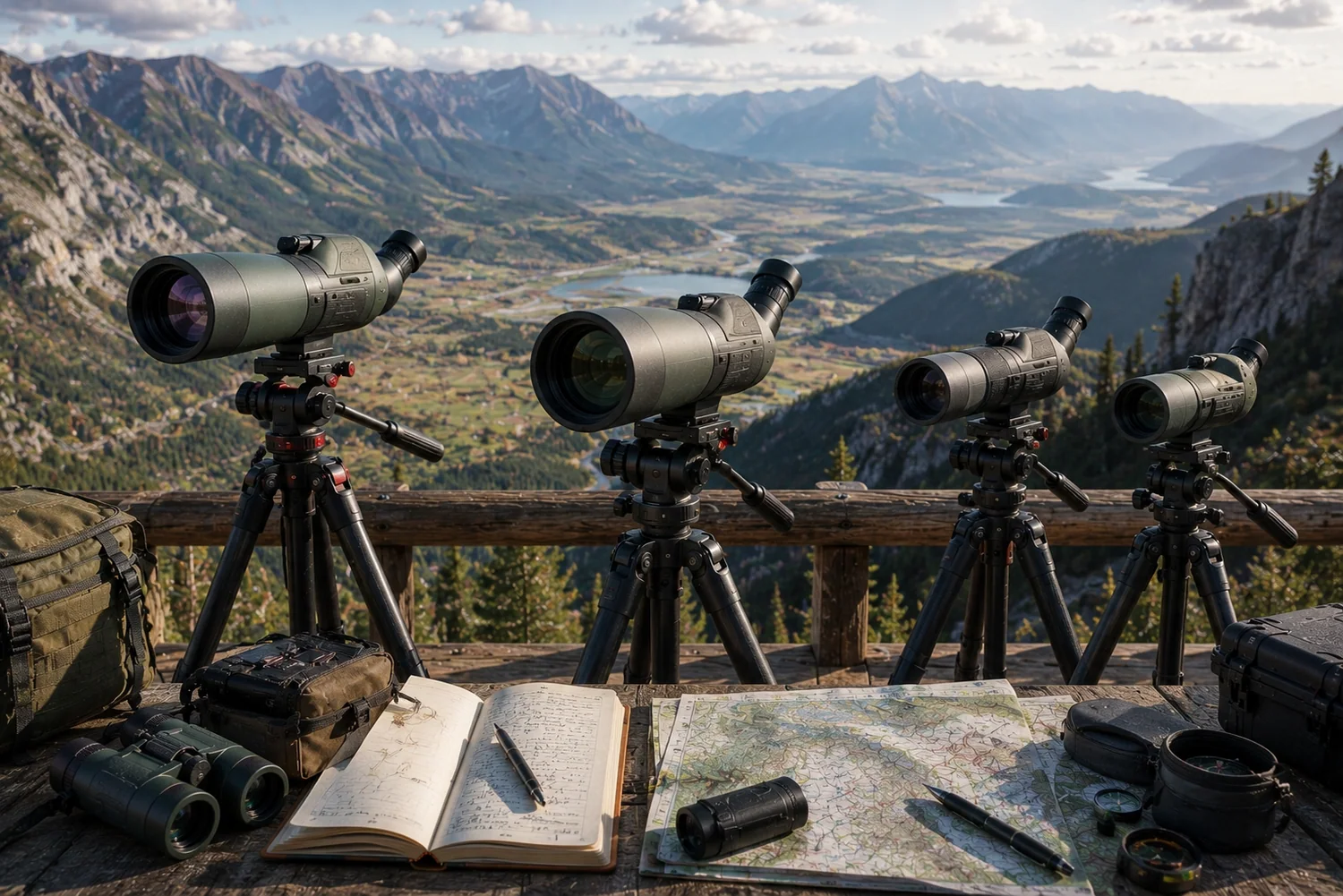 Longues-vues et instruments optiques à fort grossissement installés sur trépieds face à une immense vallée montagneuse.