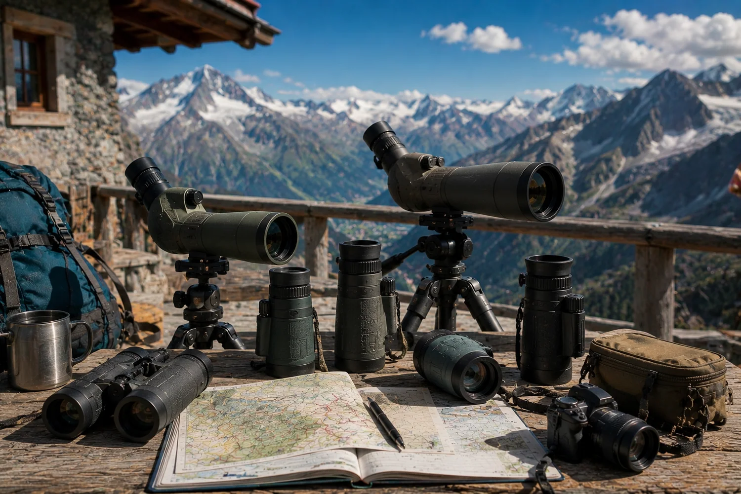 Instruments optiques compacts disposés sur une terrasse de refuge face à des sommets alpins et de profondes vallées.