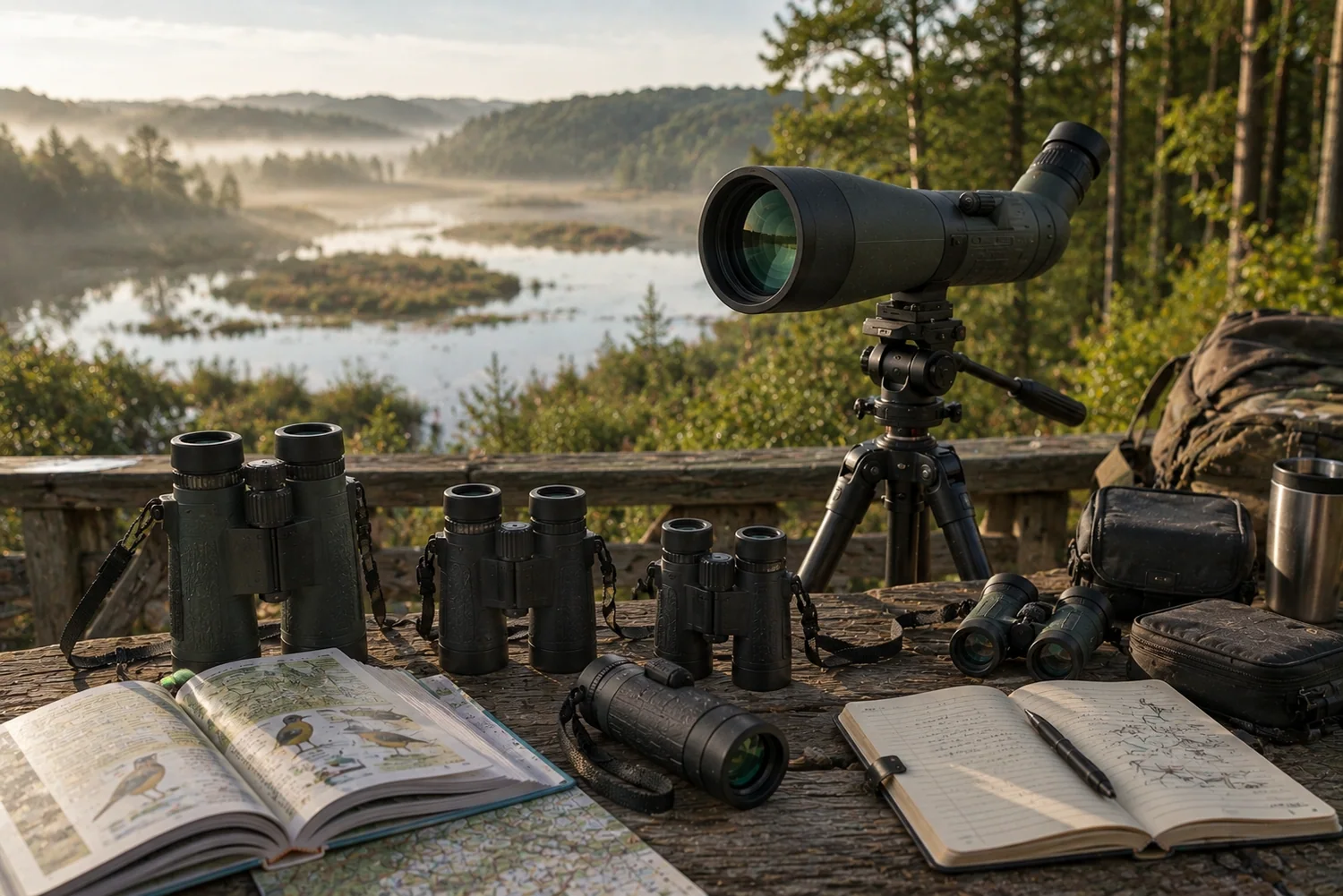 Jumelles, longues-vues et monoculaires disposés sur une plateforme d'observation face à des forêts et zones humides.