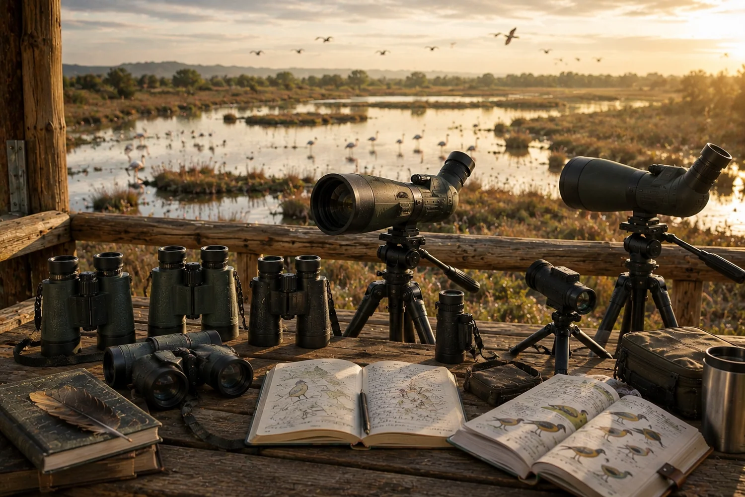 Optiques d'observation ornithologique disposées sur une plateforme face à une zone humide peuplée d'oiseaux.