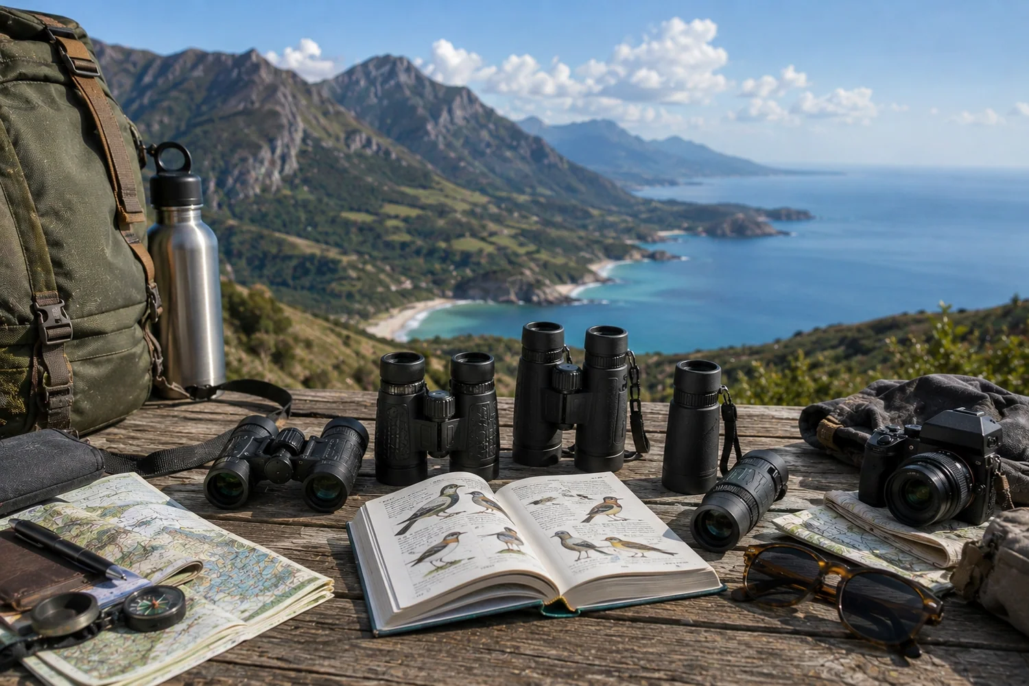 Jumelles compactes, monoculaires et accessoires de voyage disposés face à un panorama de montagnes et de littoral.