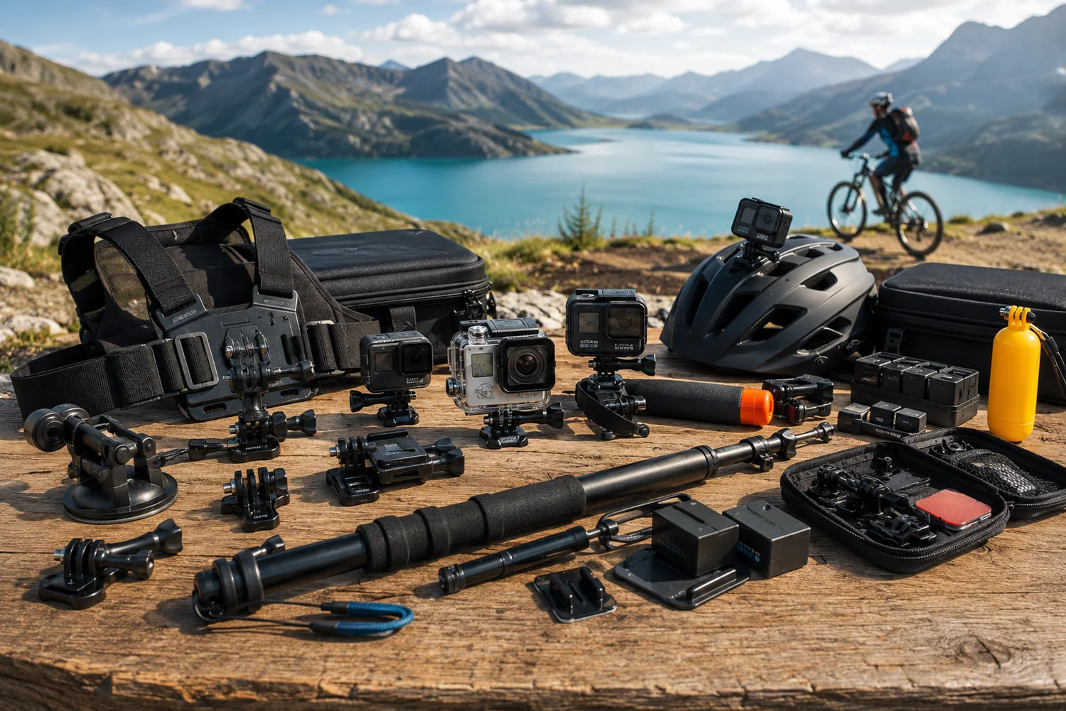 Accessoires pour action cam disposés sur une table outdoor avec fixations, harnais, caissons étanches, batteries et caméras compactes.