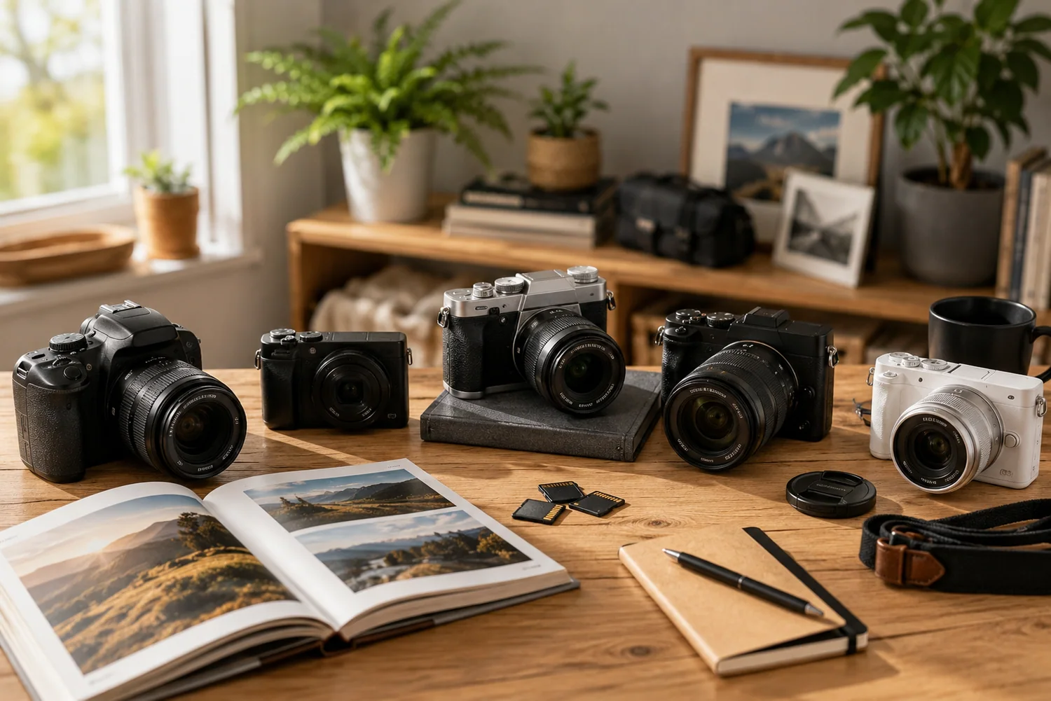Appareils photo accessibles pour débutants disposés sur une table lumineuse avec livres photo, cartes mémoire et accessoires simples.