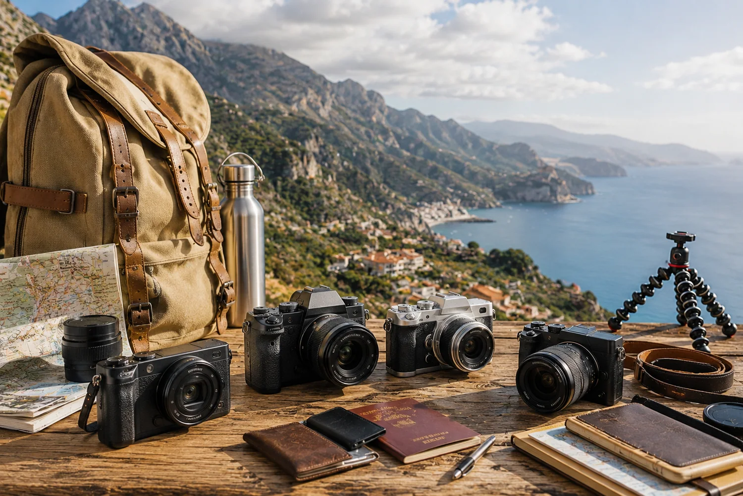 Appareils photo compacts et hybrides légers disposés avec des accessoires de voyage face à un panorama de montagne et de littoral.