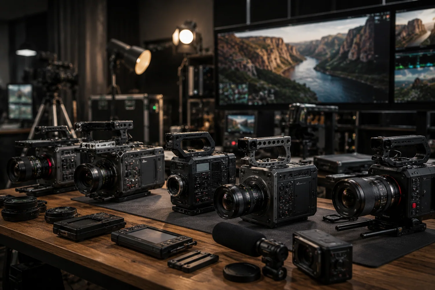 Boîtiers vidéo professionnels, objectifs, microphones et accessoires de tournage disposés dans un studio de production.