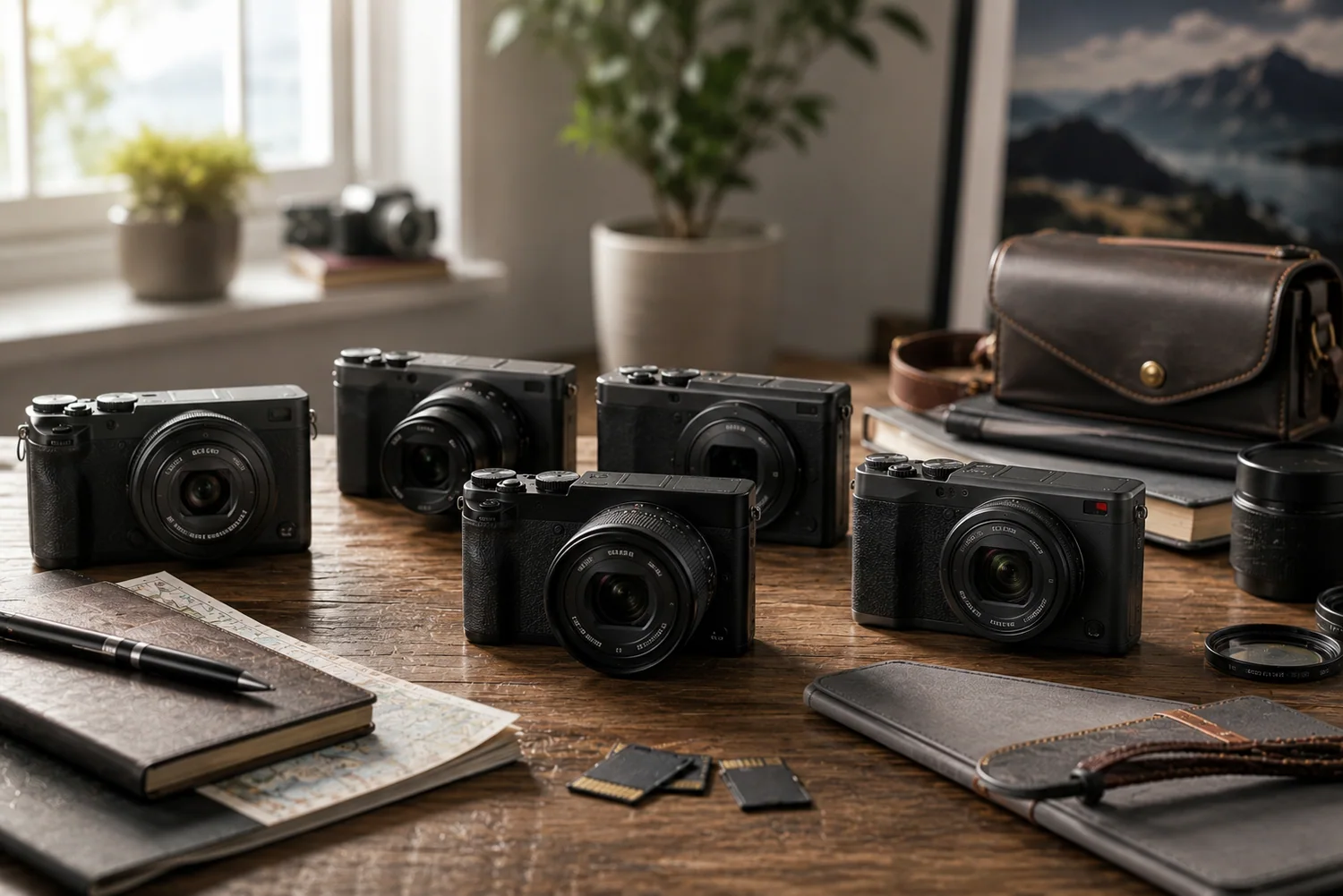 Appareils photo compacts premium disposés sur une table de studio avec carnets, cartes mémoire et accessoires photo.