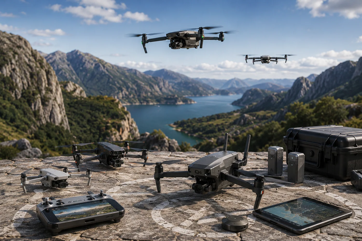 Drones autonomes avancés installés sur une plateforme extérieure avec contrôleurs, batteries et accessoires de planification de vol.