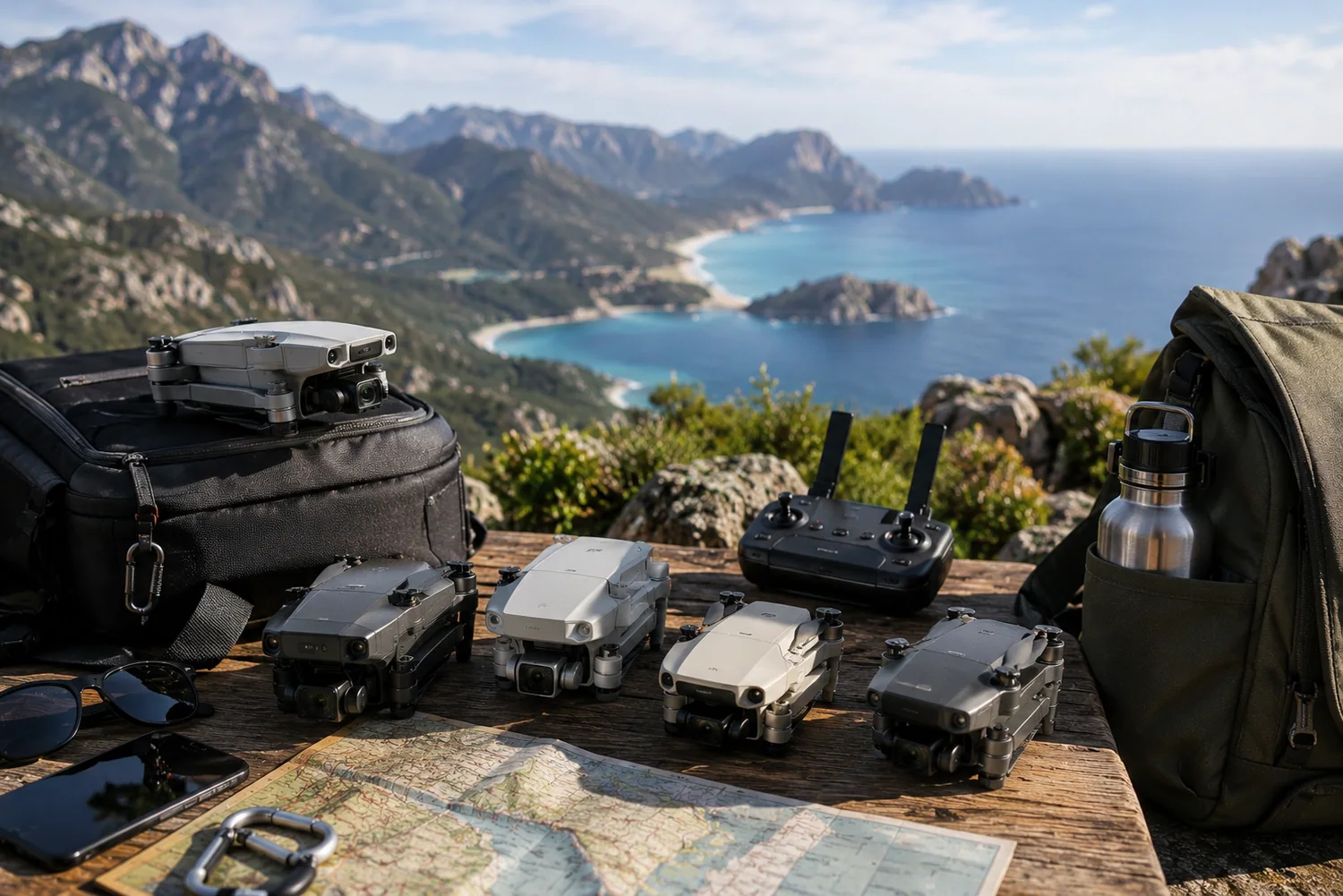 Drones légers et pliables disposés avec sacs à dos, cartes et accessoires de voyage face à un panorama montagneux et côtier.