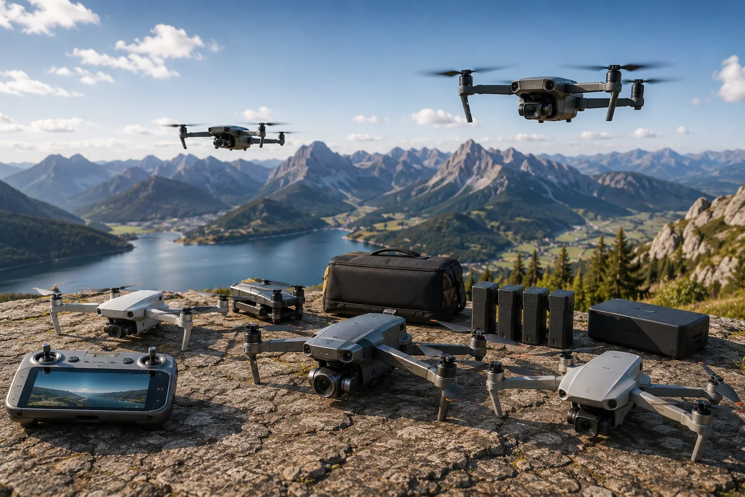Drones photo avancés disposés sur une plateforme de lancement extérieure avec radiocommandes, batteries et accessoires de prise de vue.