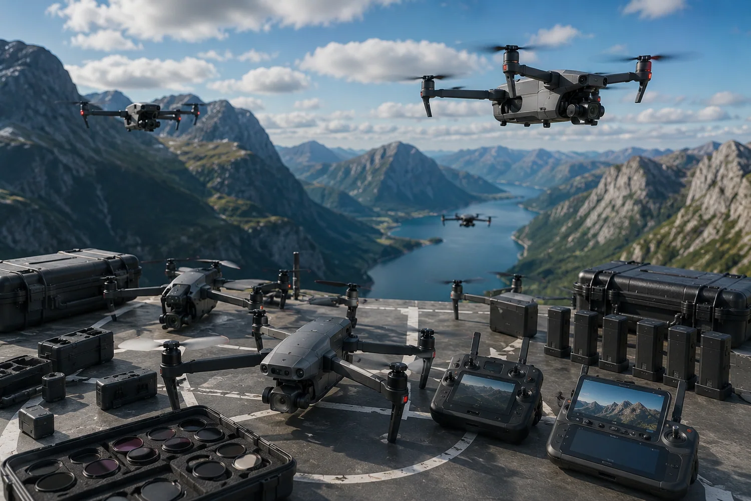 Drones professionnels haut de gamme disposés sur une plateforme de lancement avec contrôleurs, batteries et valises de transport.