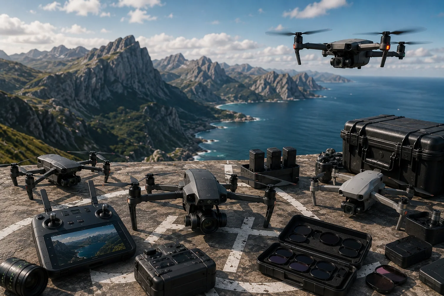 Drones vidéo avancés avec accessoires de tournage, filtres ND et radiocommandes face à un paysage côtier spectaculaire.