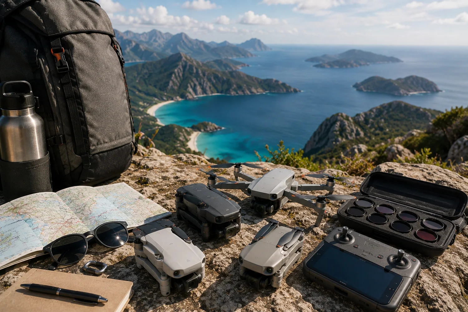 Drones compacts pliables disposés avec sacs à dos, cartes et accessoires de voyage face à un panorama maritime et montagneux.
