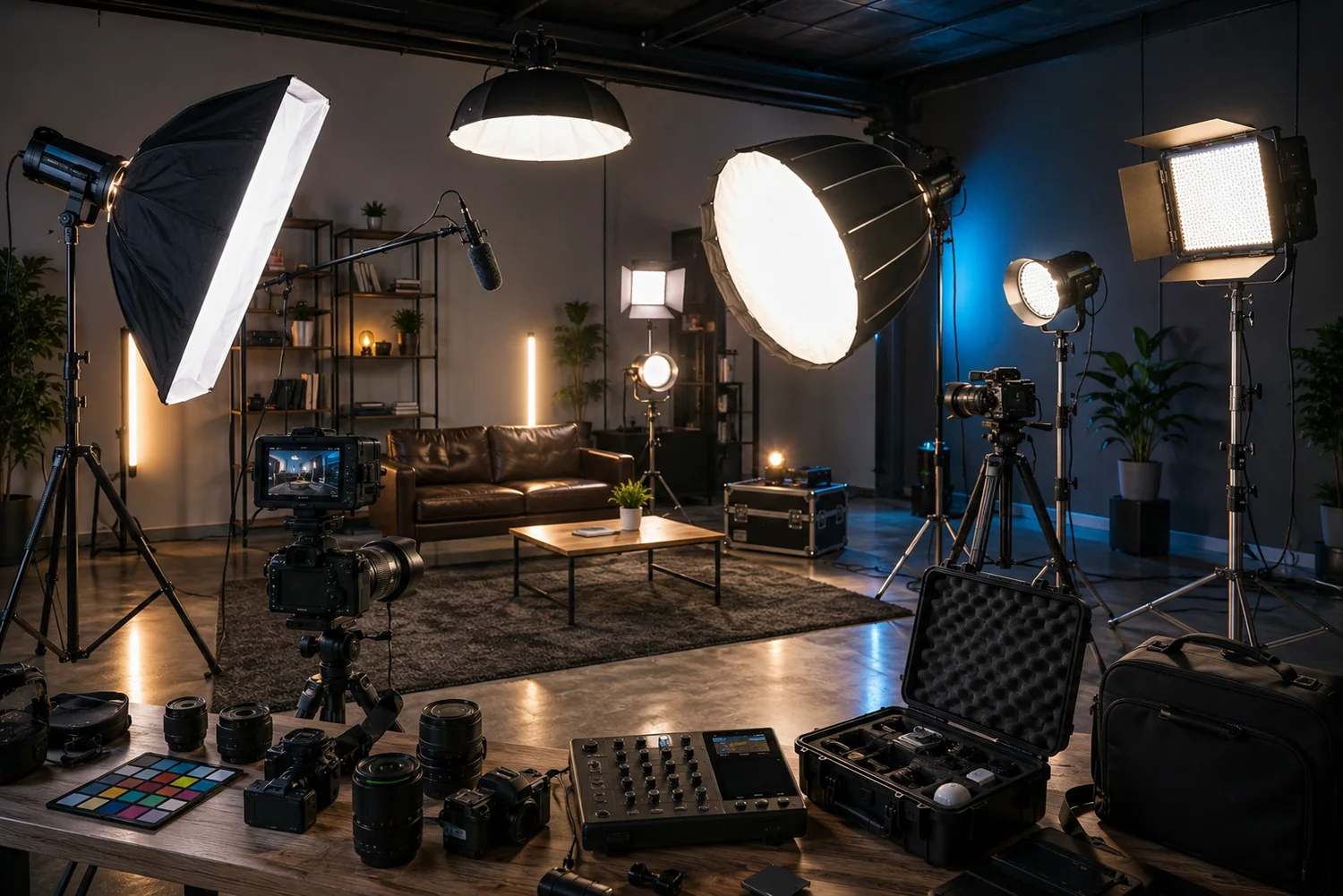 Studio de création équipé de panneaux LED, softboxes, caméras et accessoires destinés à la photo et à la vidéo.