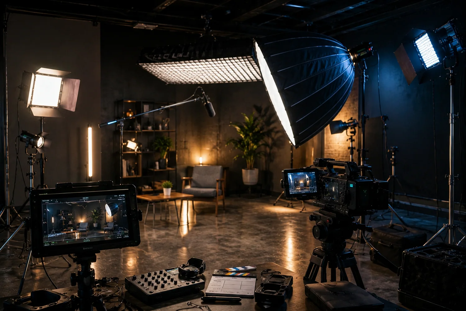 Studio vidéo professionnel équipé de panneaux LED, softboxes, moniteurs, microphones et caméras de tournage.