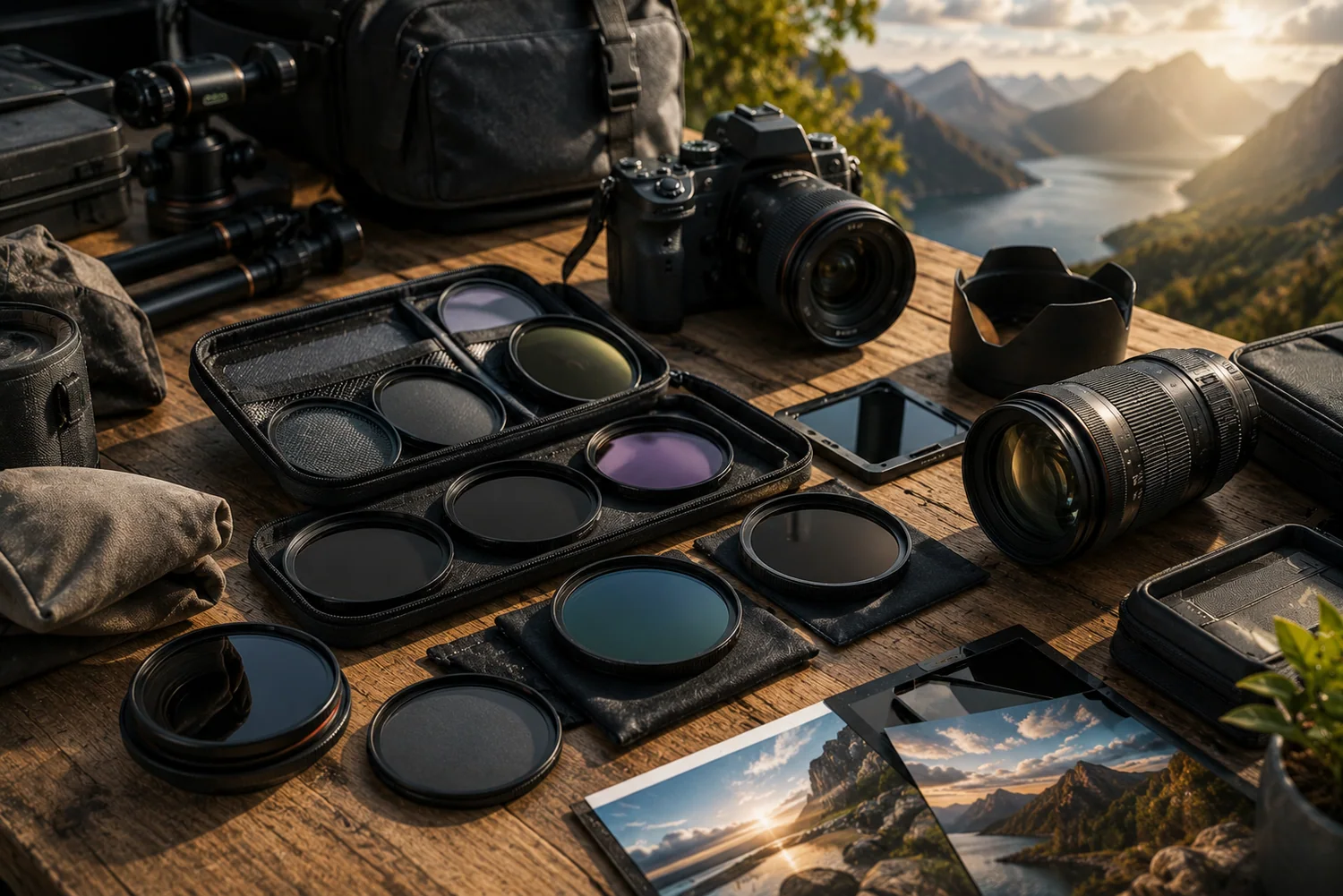 Filtres photo ND, UV et polarisants disposes pres d'un appareil photo et d'un objectif.