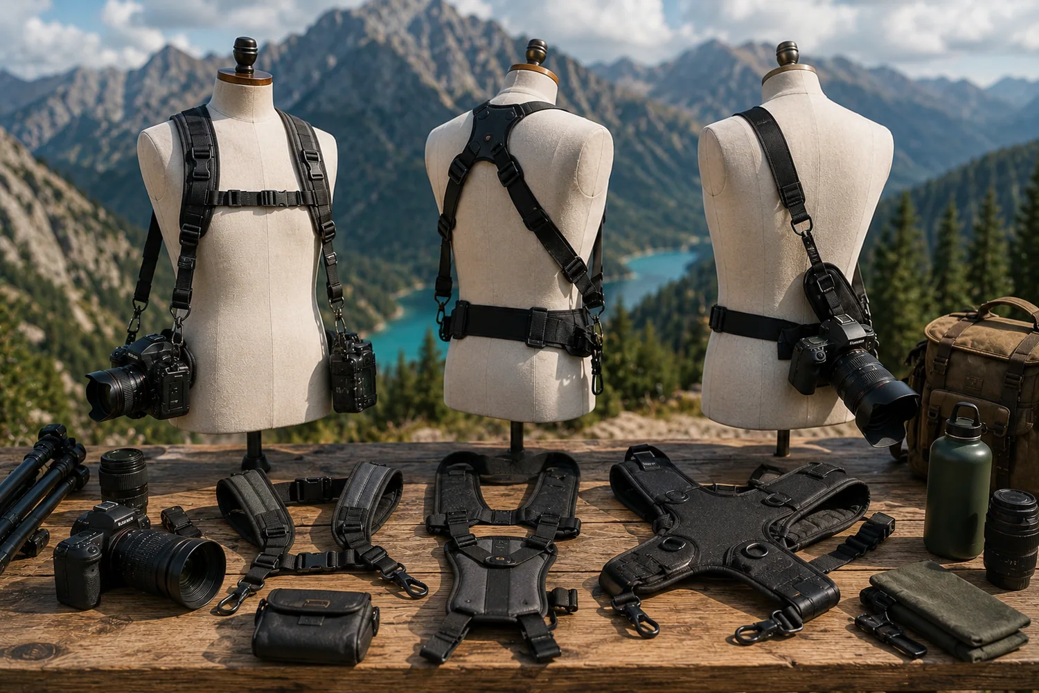 Harnais photo premium présentés avec appareils, objectifs et accessoires sur une table extérieure face à un paysage de montagne.