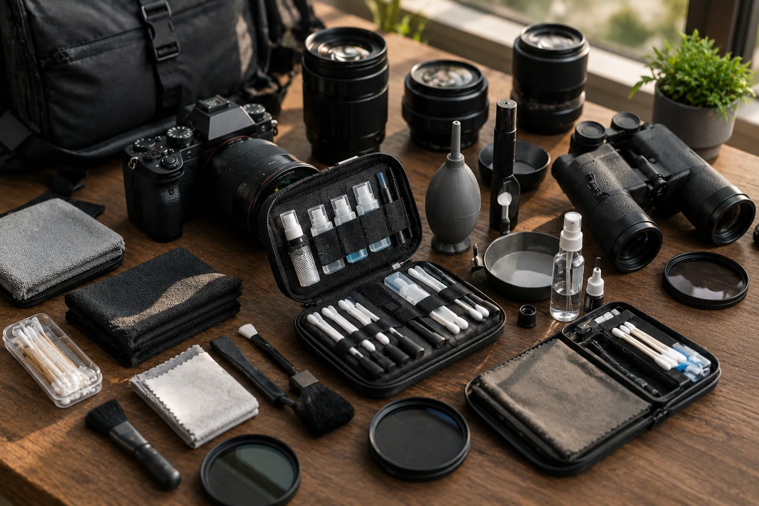 Kits de nettoyage optique avec chiffons microfibres, poires soufflantes, pinceaux et outils de maintenance pour objectifs et jumelles.