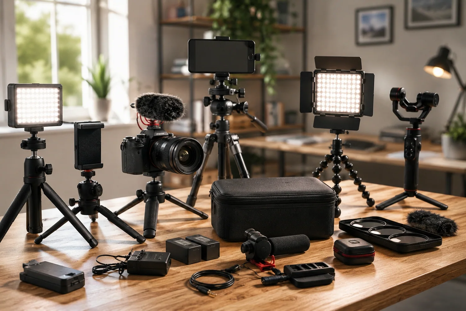 Kits vidéo pour débutants avec caméras accessibles, trépieds compacts, microphones, éclairages LED et accessoires de création.