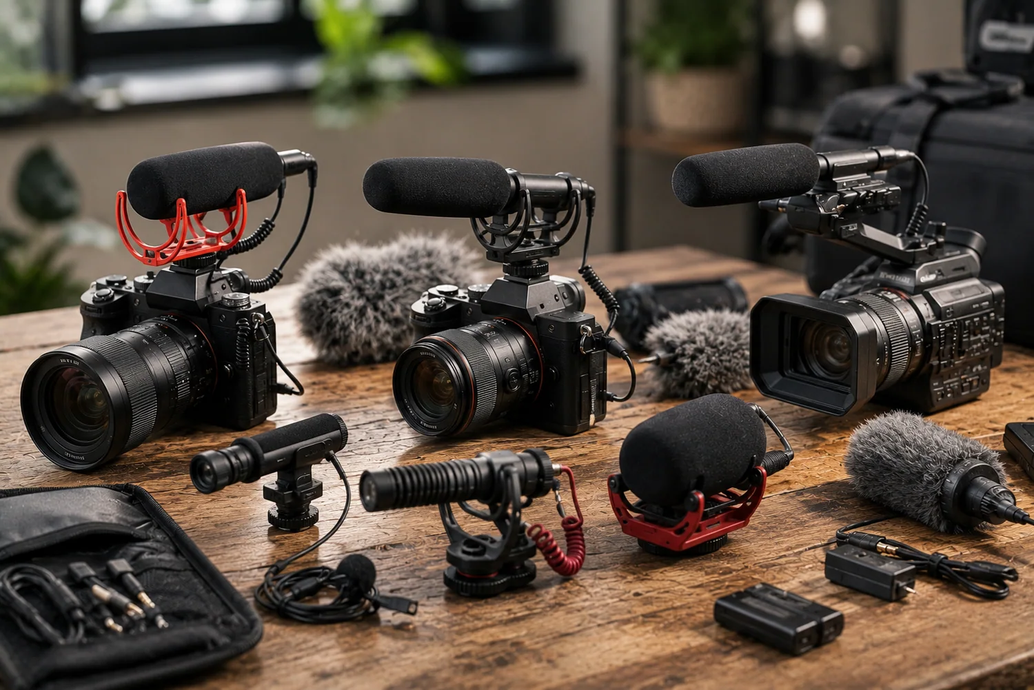 Microphones pour caméra installés sur appareils hybrides et caméscopes avec suspensions, bonnettes anti-vent et accessoires audio.