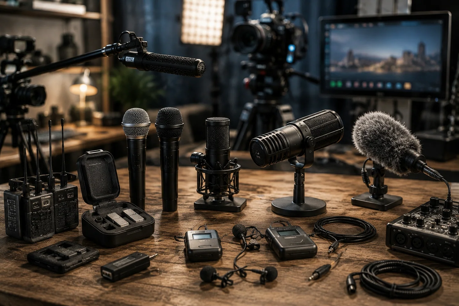Microphones vidéo professionnels, systèmes sans fil, micros cravate et équipements audio de studio disposés sur un poste de production.