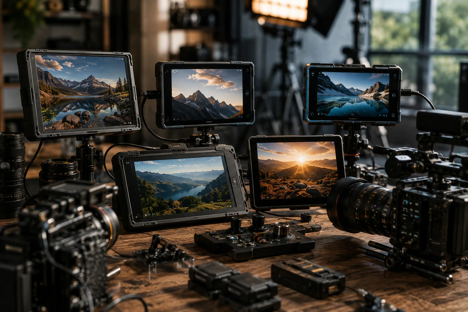 Moniteurs vidéo professionnels et écrans de référence disposés sur un poste de travail de tournage avec caméras, optiques et accessoires.