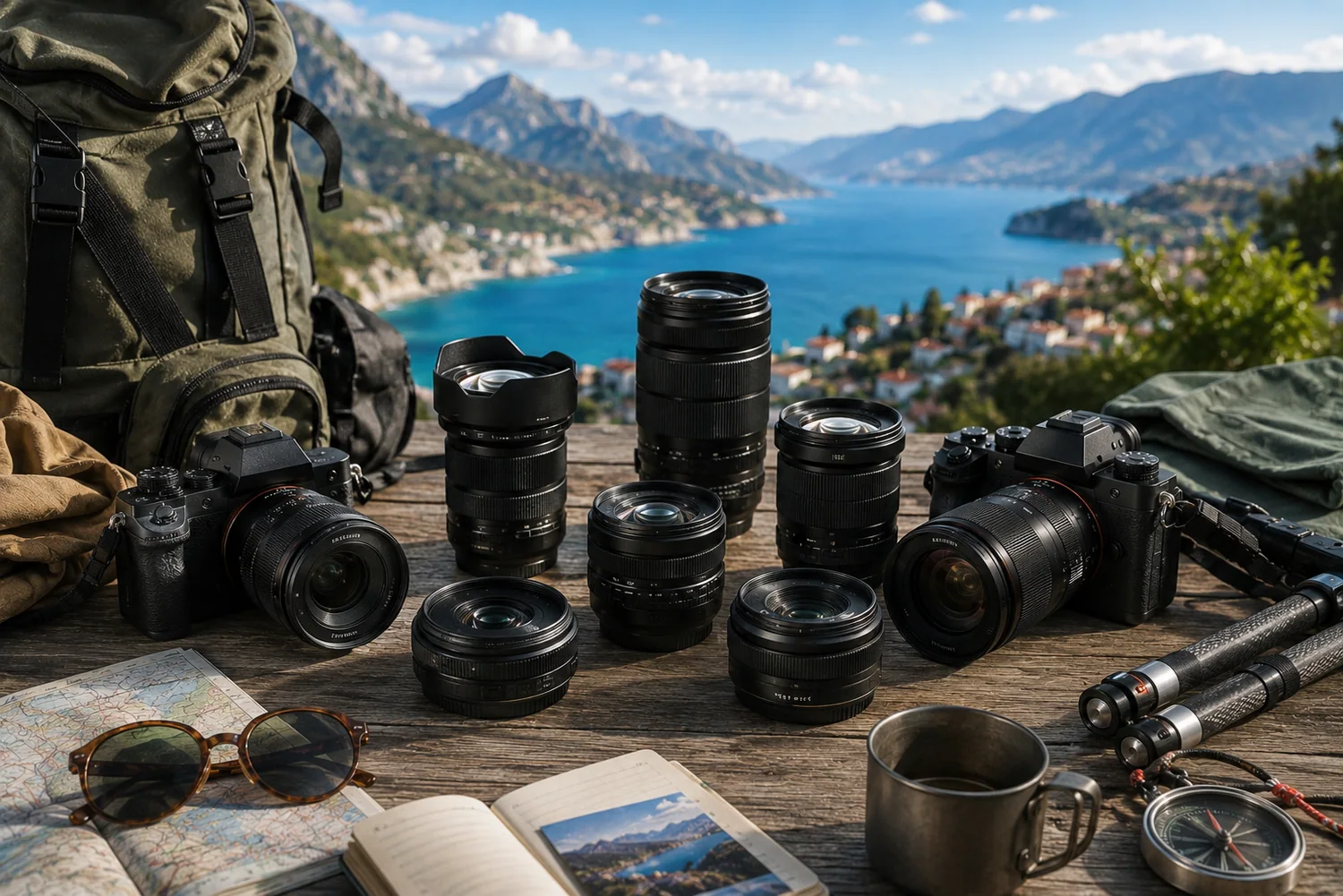 Objectifs compacts pour appareils hybrides présentés avec boîtiers photo, cartes, sac à dos et accessoires de voyage.
