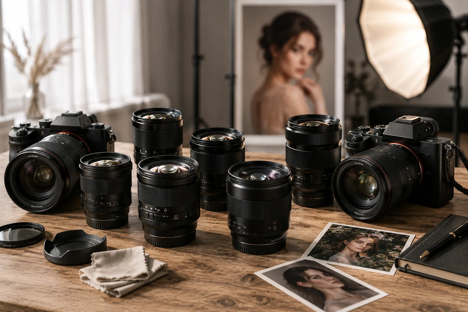 Objectifs portrait premium présentés avec appareils photo hybrides dans un studio lumineux dédié à la photographie de portrait.
