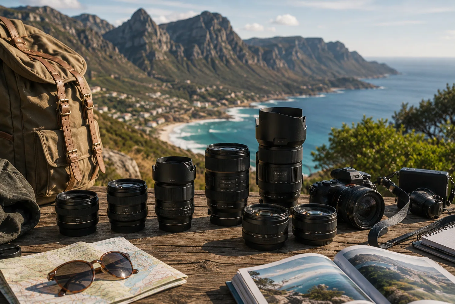 Objectifs photo polyvalents disposés avec appareil hybride, cartes, sac à dos et accessoires de voyage face à un paysage côtier et montagneux.