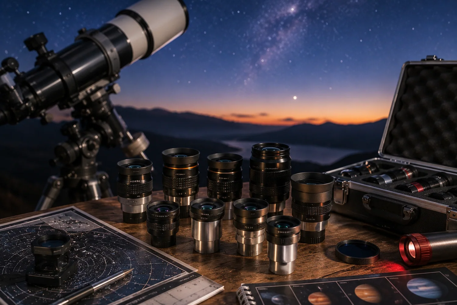 Oculaires de télescope premium disposés sur une table d'observation astronomique avec cartes du ciel, accessoires et télescope orienté vers le ciel crépusculaire.