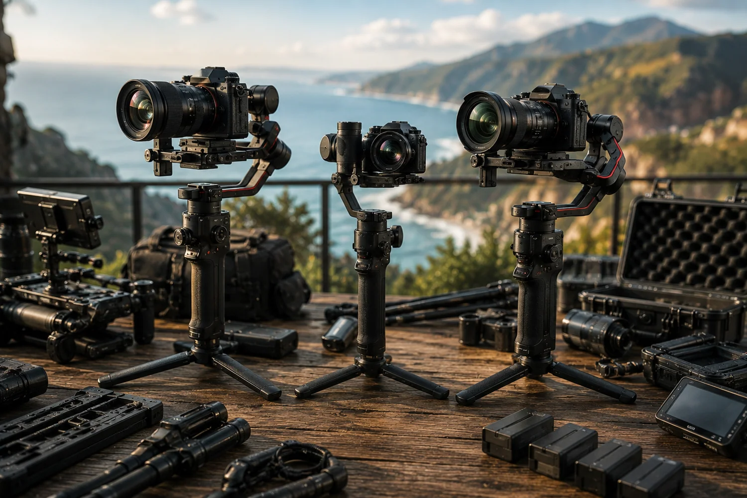 Stabilisateurs vidéo professionnels et gimbals équipés de caméras hybrides sur un poste de tournage avec accessoires.