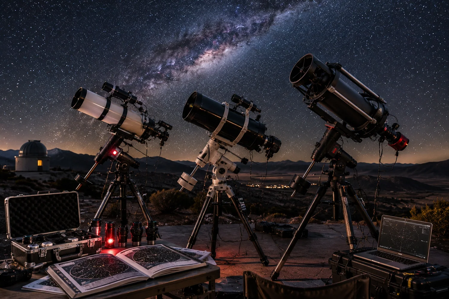 Télescopes avancés installés sur un site d'observation astronomique sous un ciel étoilé avec Voie lactée et accessoires d'astronomie.
