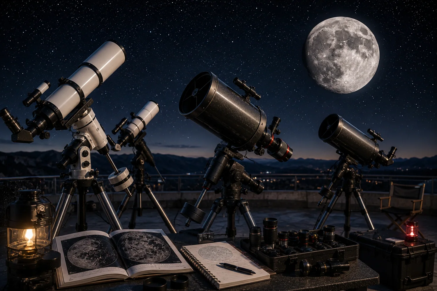 Télescopes premium installés sur une plateforme d'observation astronomique sous un ciel nocturne dominé par une grande Lune détaillée.