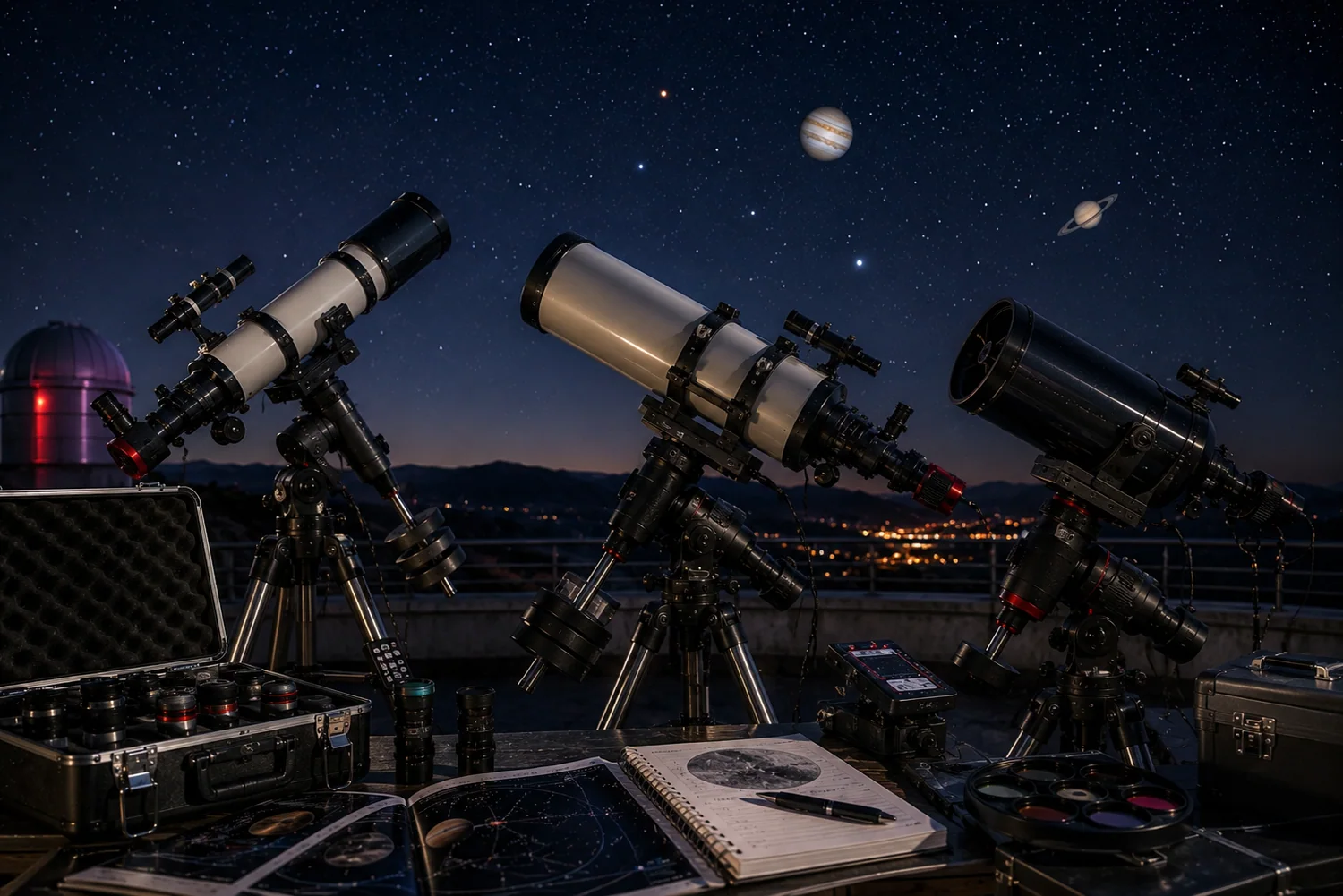 Télescopes conçus pour l'observation planétaire installés sur un site astronomique avec cartes, accessoires et planètes visibles dans le ciel.