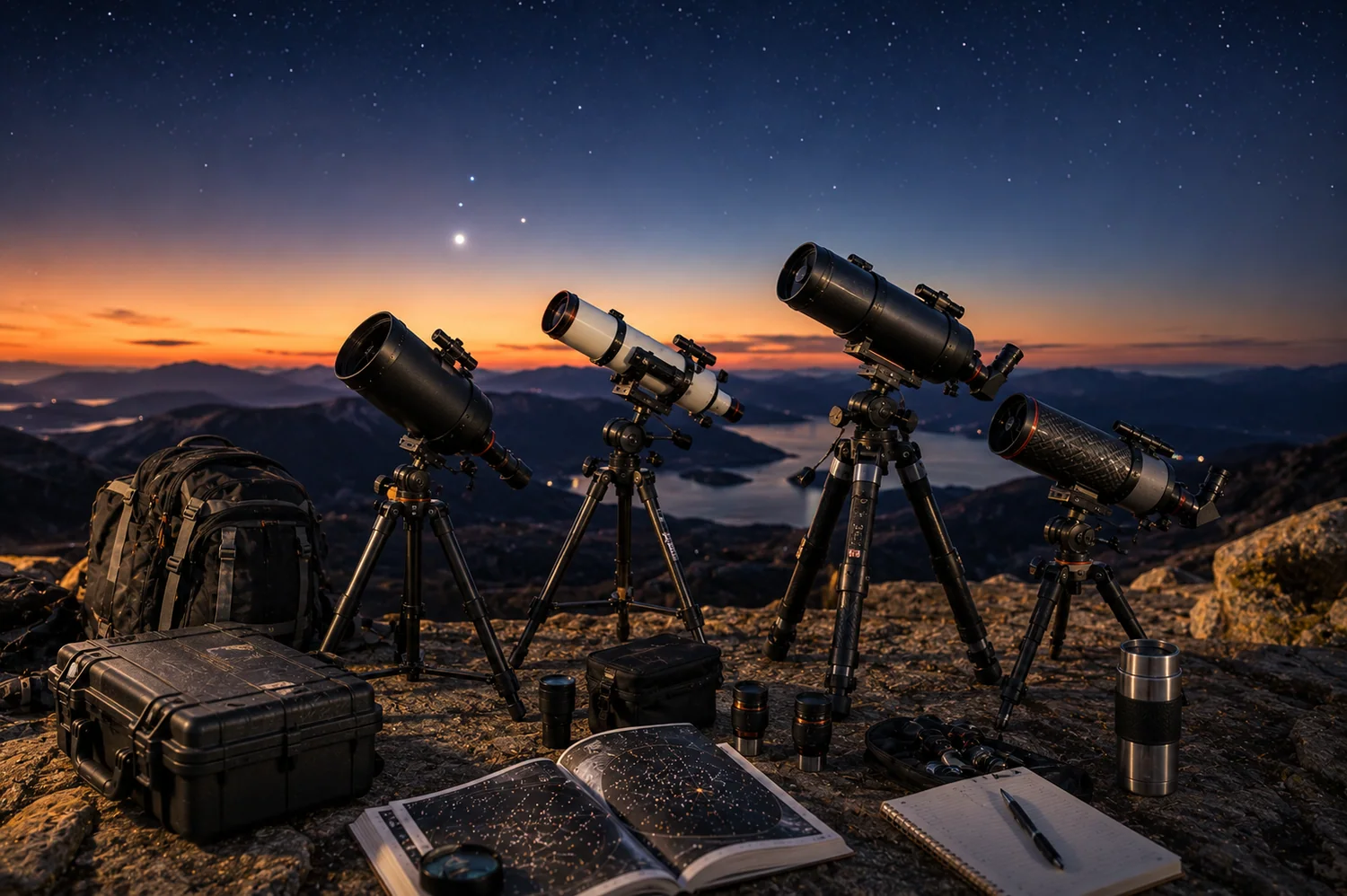 Télescopes compacts et transportables installés sur un point de vue en montagne avec sacs, cartes du ciel et accessoires d'astronomie.