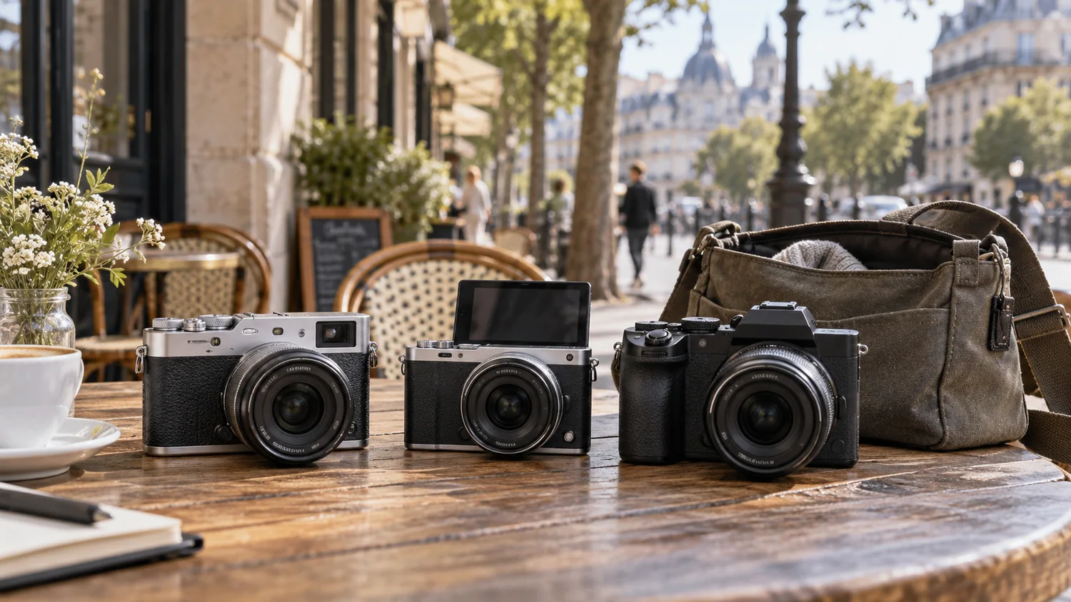 Trois appareils photo compacts génériques avec petits zooms sur une table de café, à côté d’un sac léger.