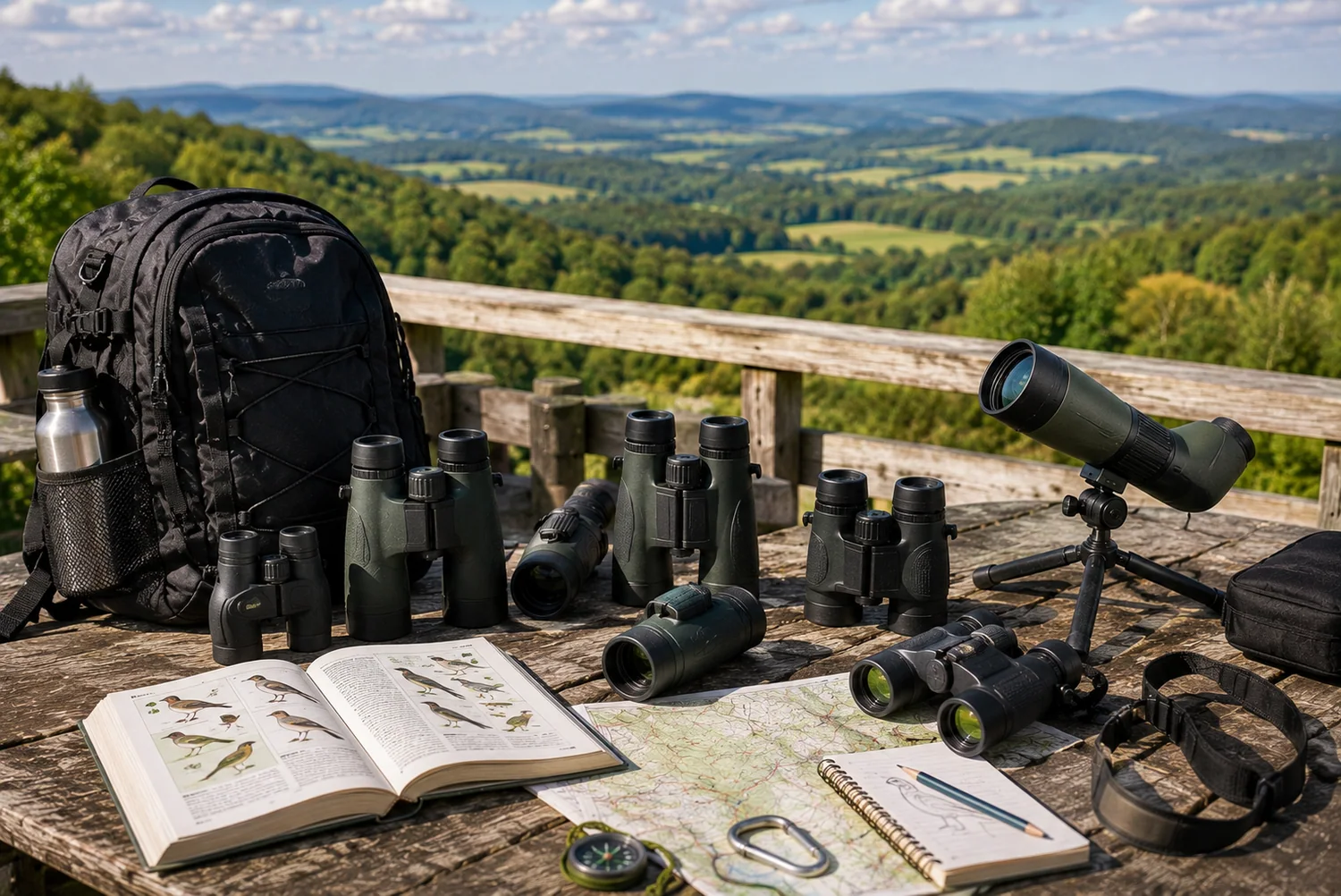 Jumelles, monoculaires et longues-vues abordables présentés sur une plateforme d'observation en pleine nature.