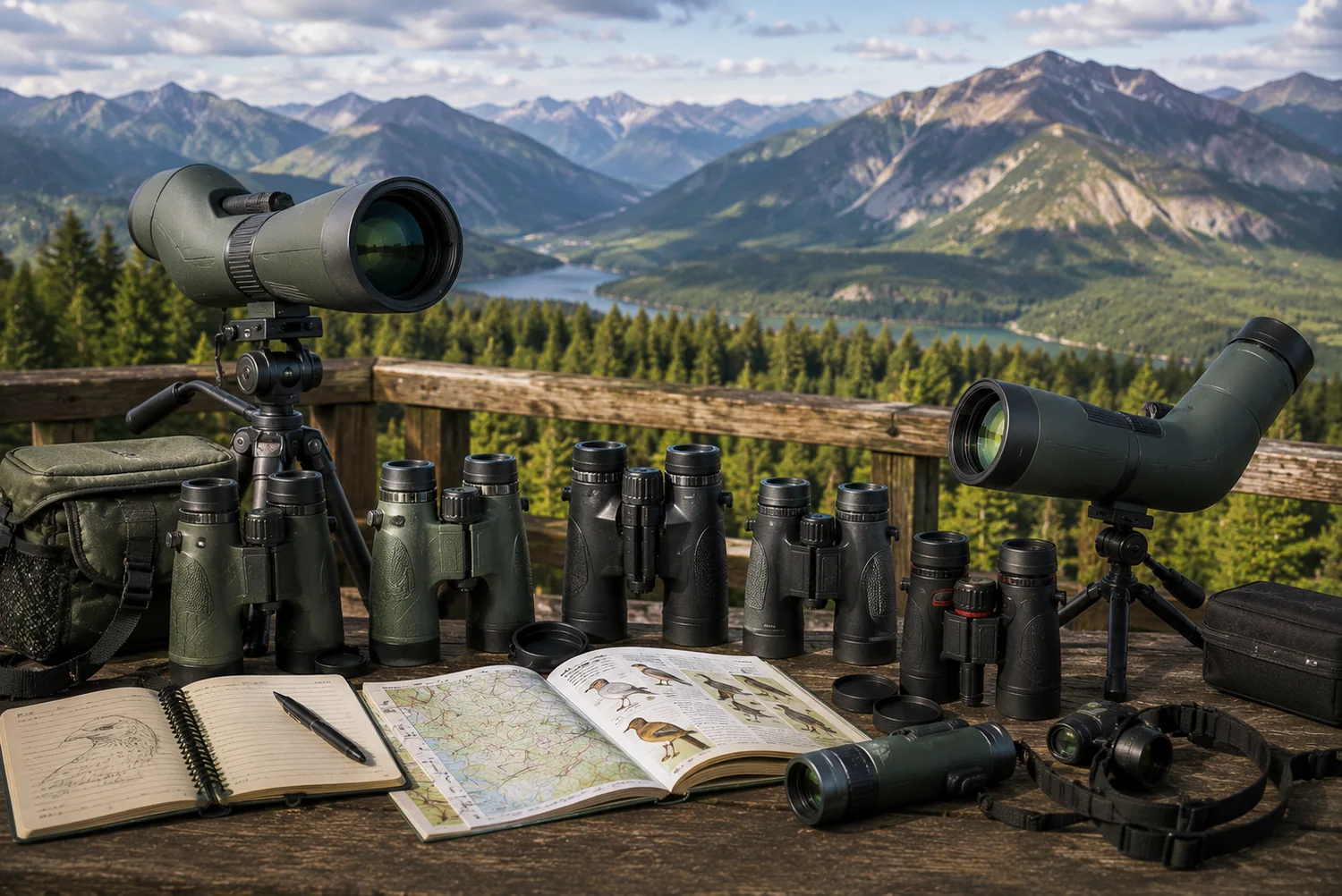 Optiques d'observation polyvalentes avec jumelles et longues-vues premium face à un paysage montagneux.