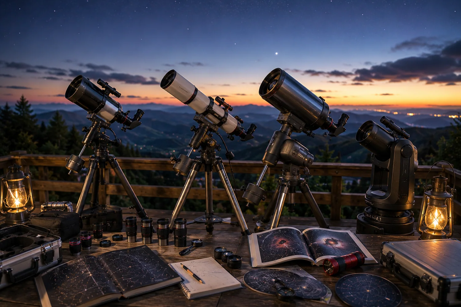 Télescopes de milieu de gamme installés sur une terrasse d'observation au crépuscule avec cartes du ciel et accessoires.