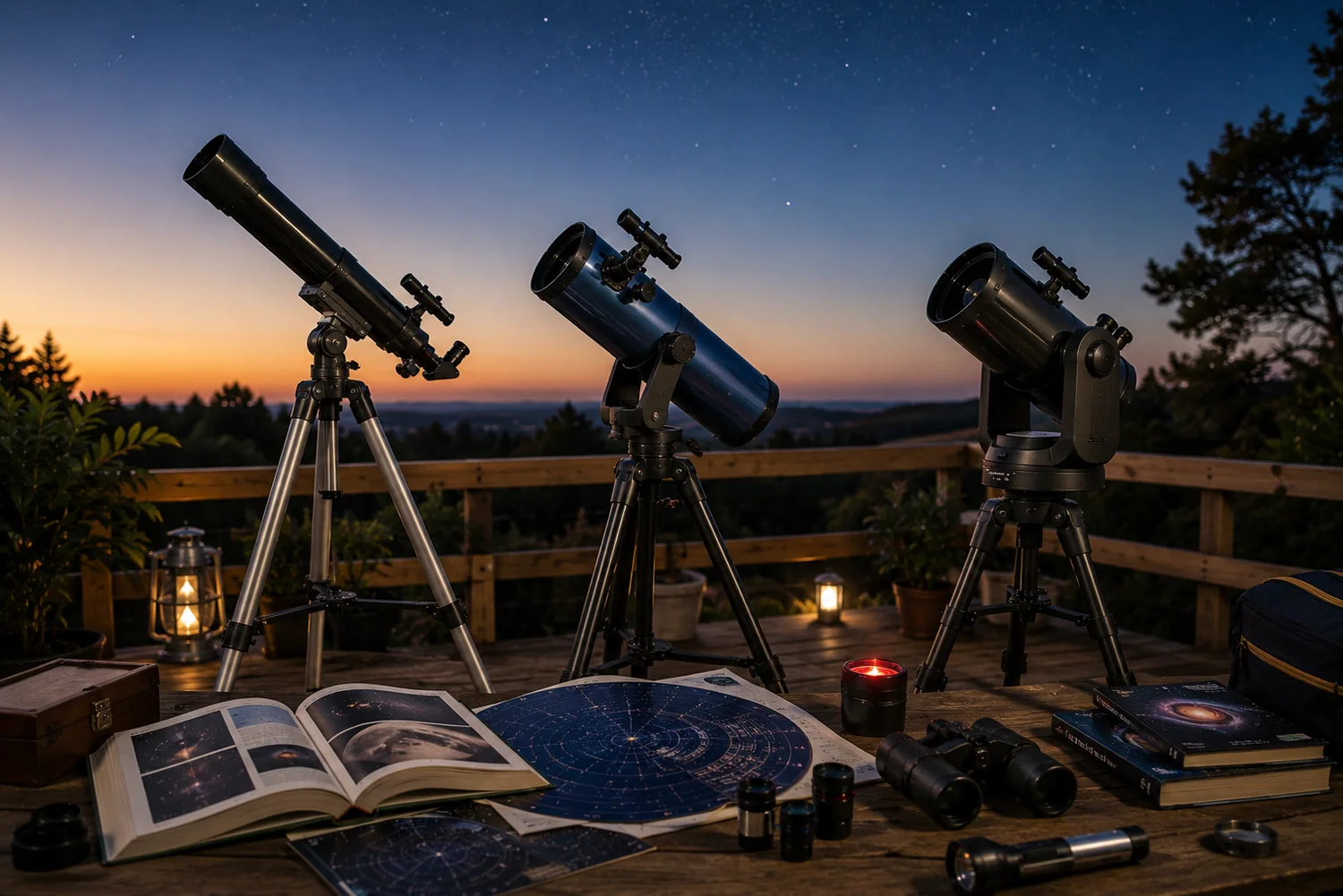 Télescopes pour débutants installés sur une terrasse familiale avec guides d'astronomie et premiers objets célestes visibles.