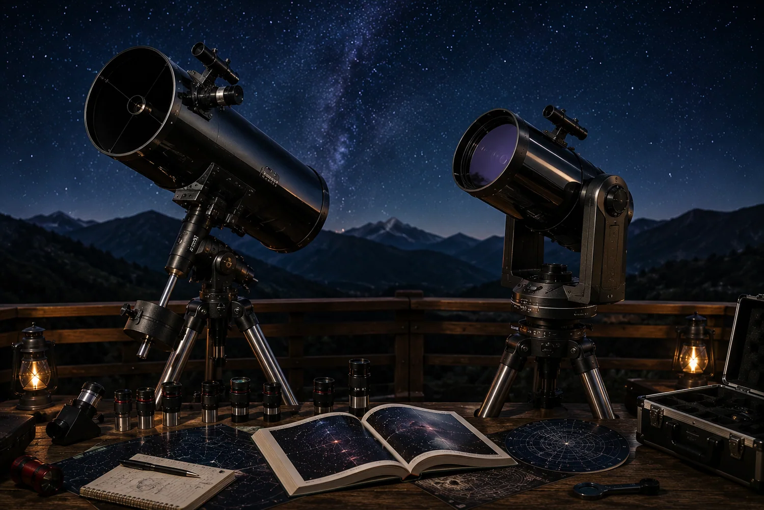Télescope Newton et télescope Maksutov présentés côte à côte sur une plateforme d'observation astronomique.