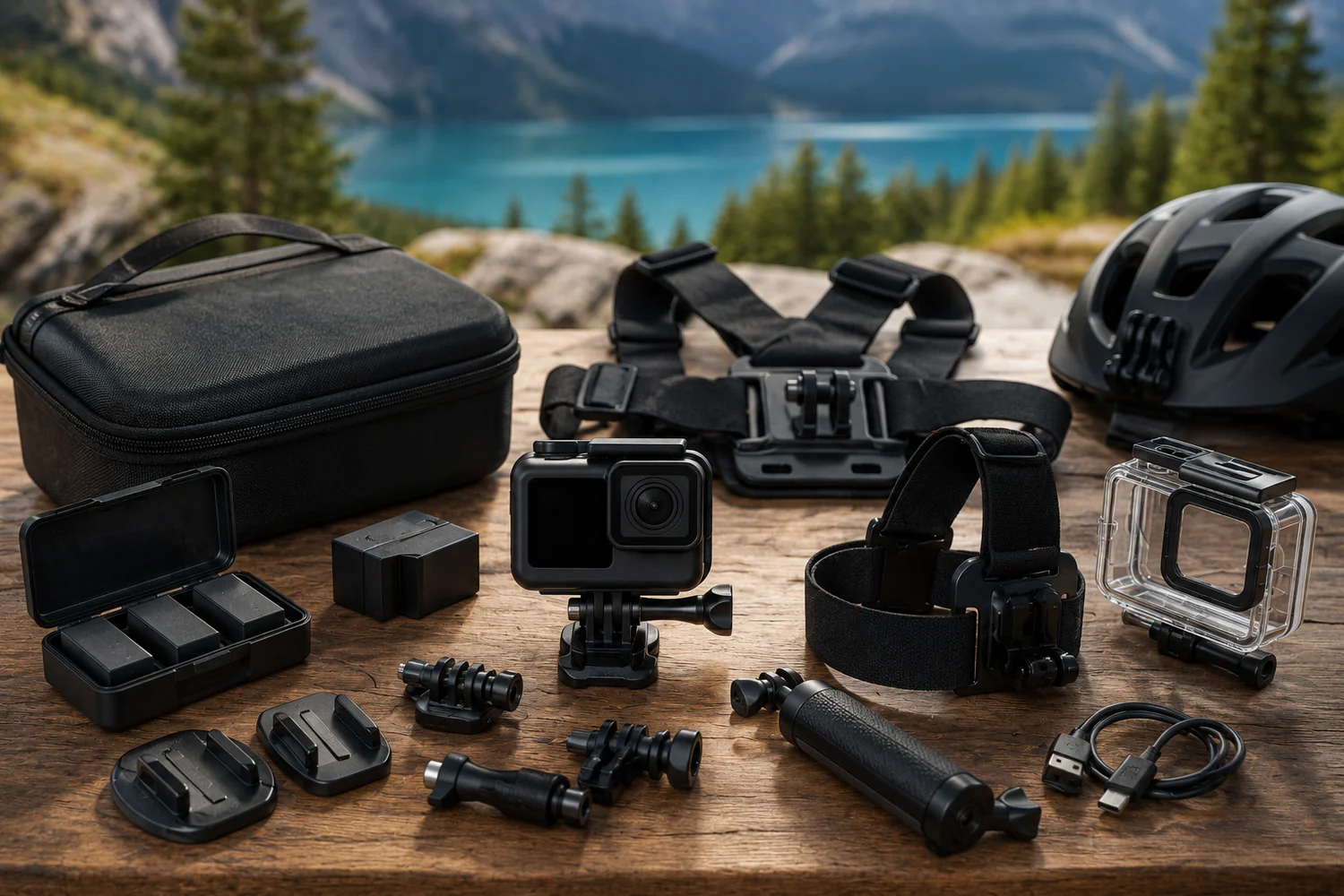 Accessoires pour caméra d'action disposés sur une table en bois, avec fixations, batteries, boîtiers et sac de transport devant un lac de montagne.