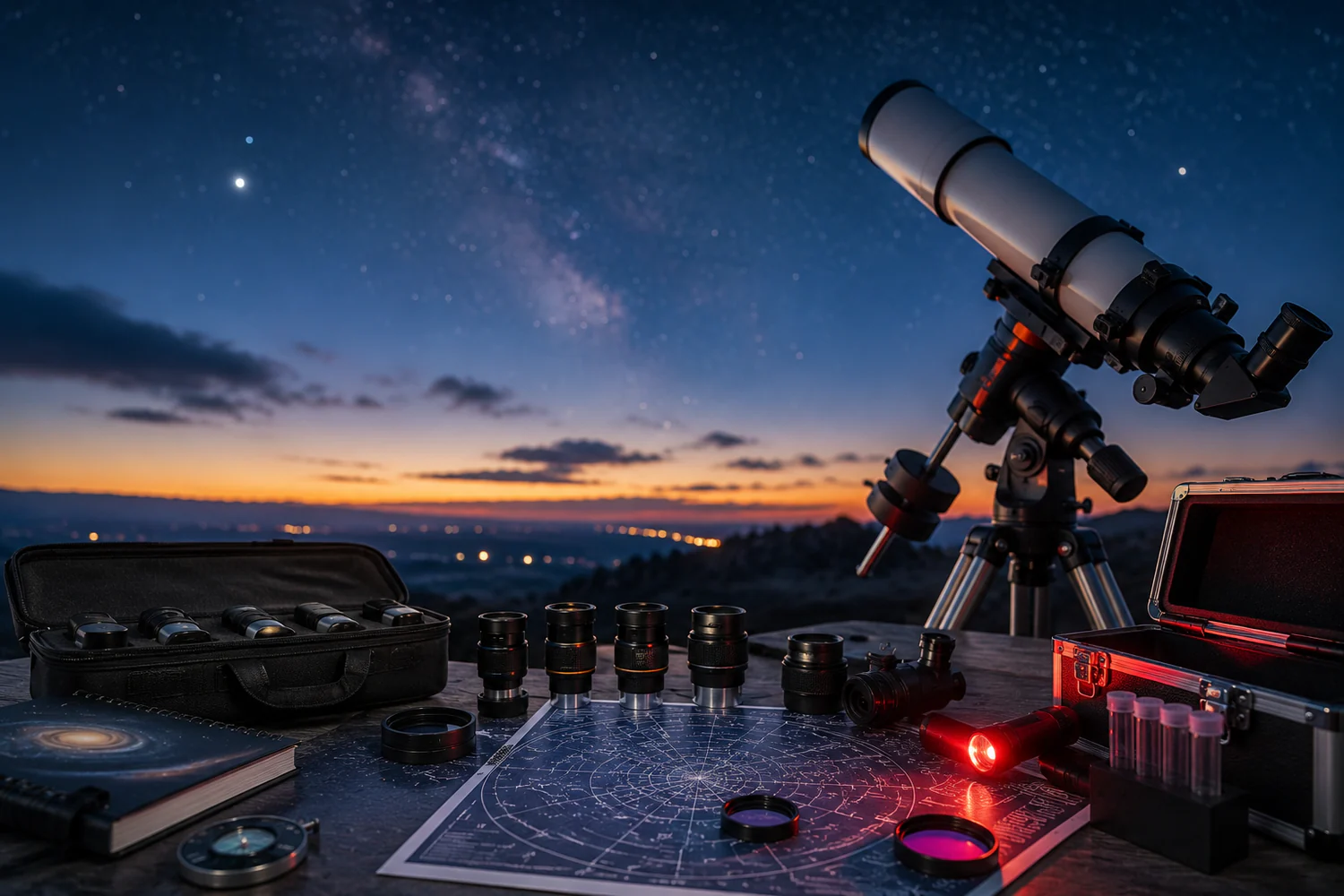 Télescope installé sous un ciel étoilé avec oculaires, cartes du ciel et accessoires d'observation disposés sur une table.