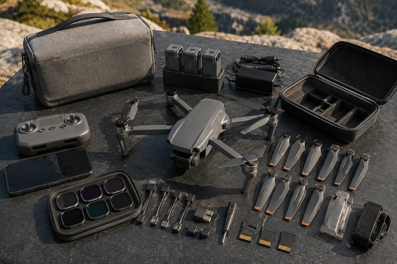 Drone DJI accompagné d'une carte microSD, d'une alimentation USB-C et d'un lecteur de carte.