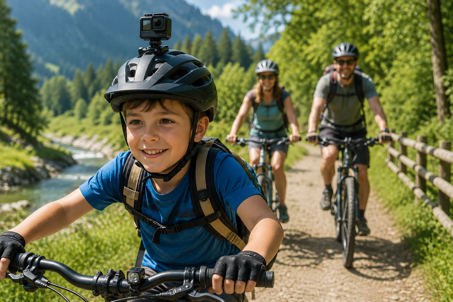 Enfant portant un casque équipé d'une caméra d'action pendant une sortie à vélo sur un chemin de montagne ensoleillé.