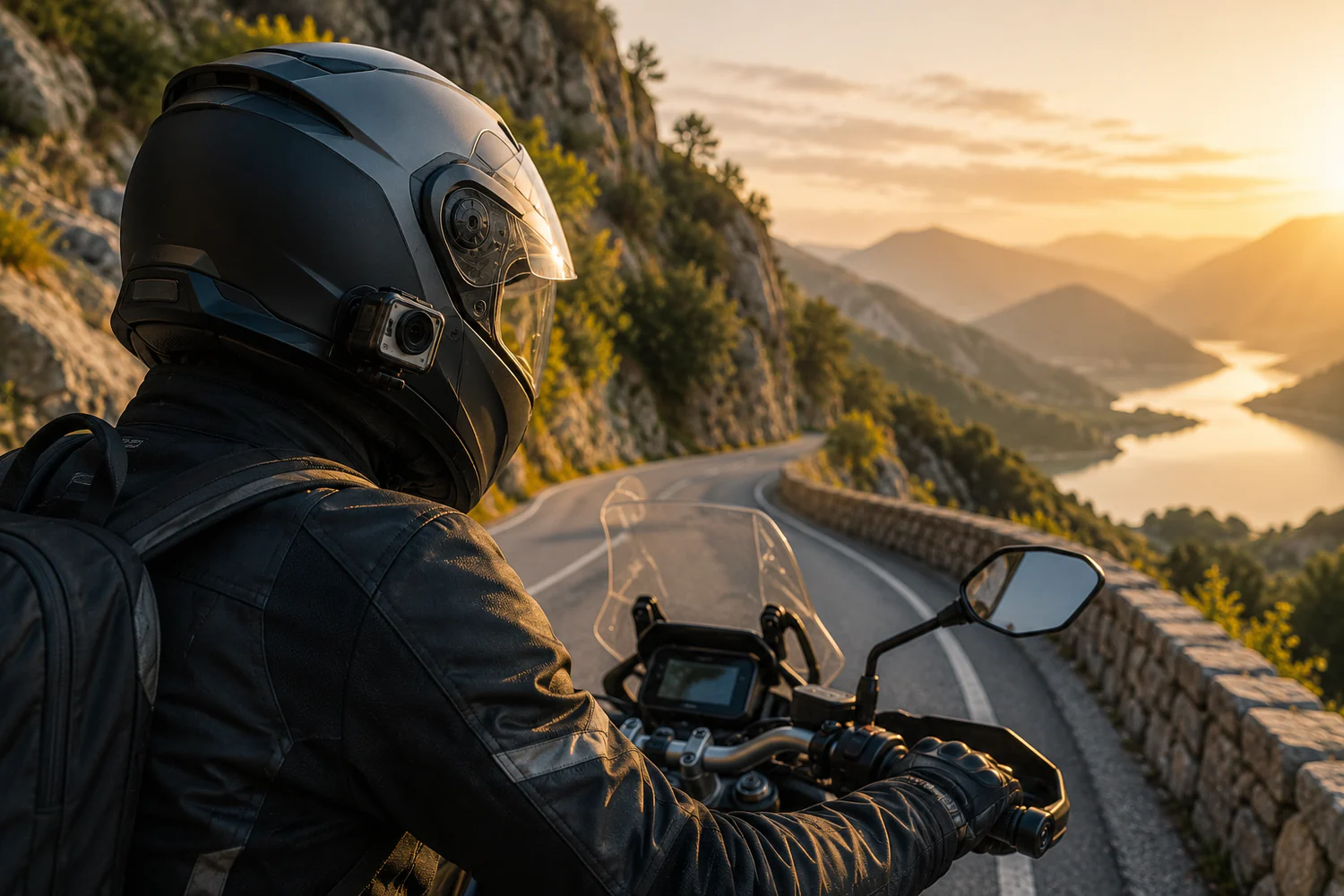 Motard équipé d'une caméra d'action sur le casque, arrêté sur une route de montagne au coucher du soleil.