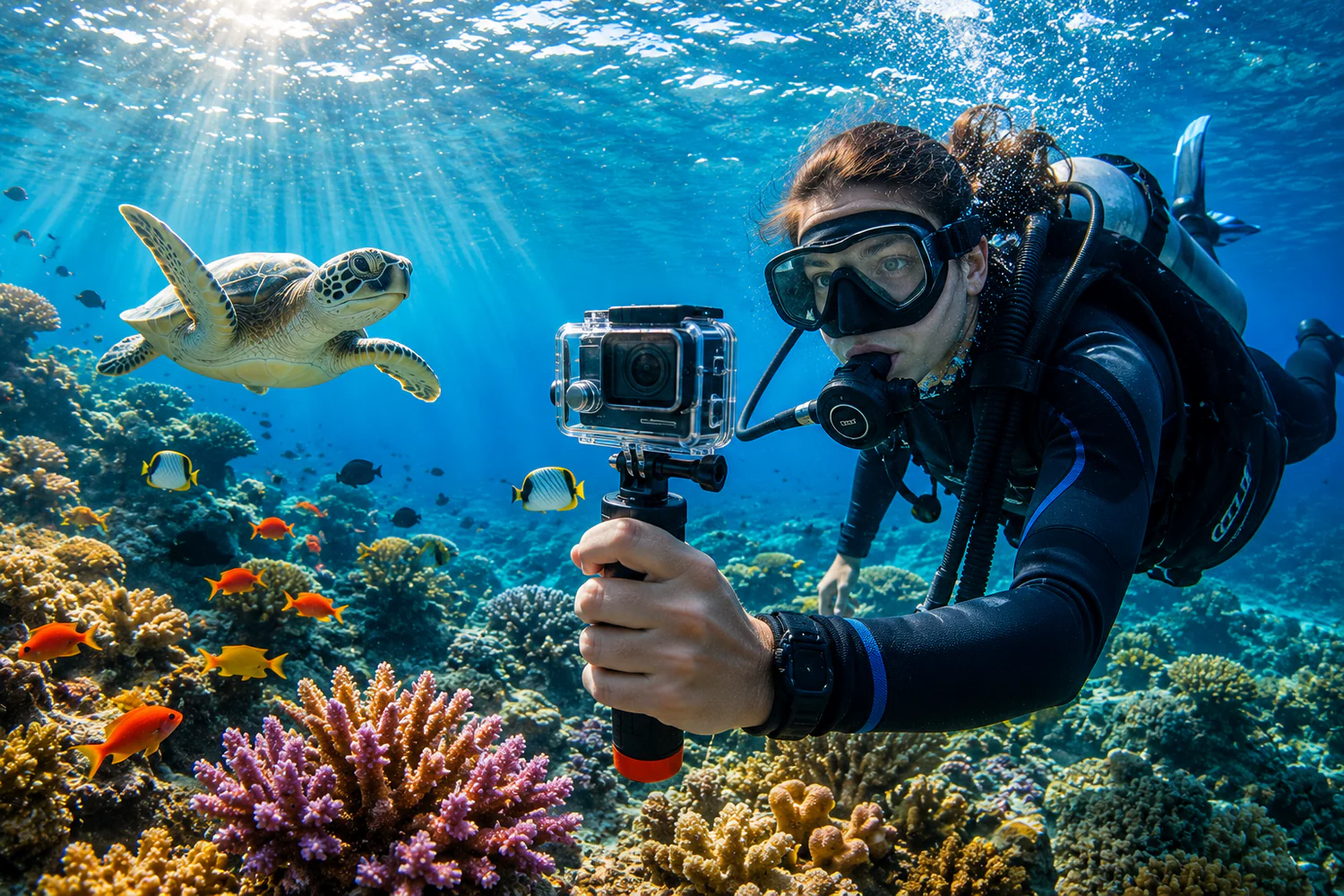 Plongeuse filmant un récif corallien avec une caméra d'action étanche, entourée de poissons et d'une tortue marine.