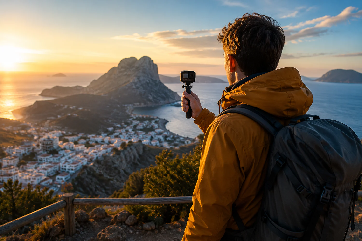 Voyageur filmant un paysage côtier au coucher du soleil avec une caméra d'action compacte tenue à la main.