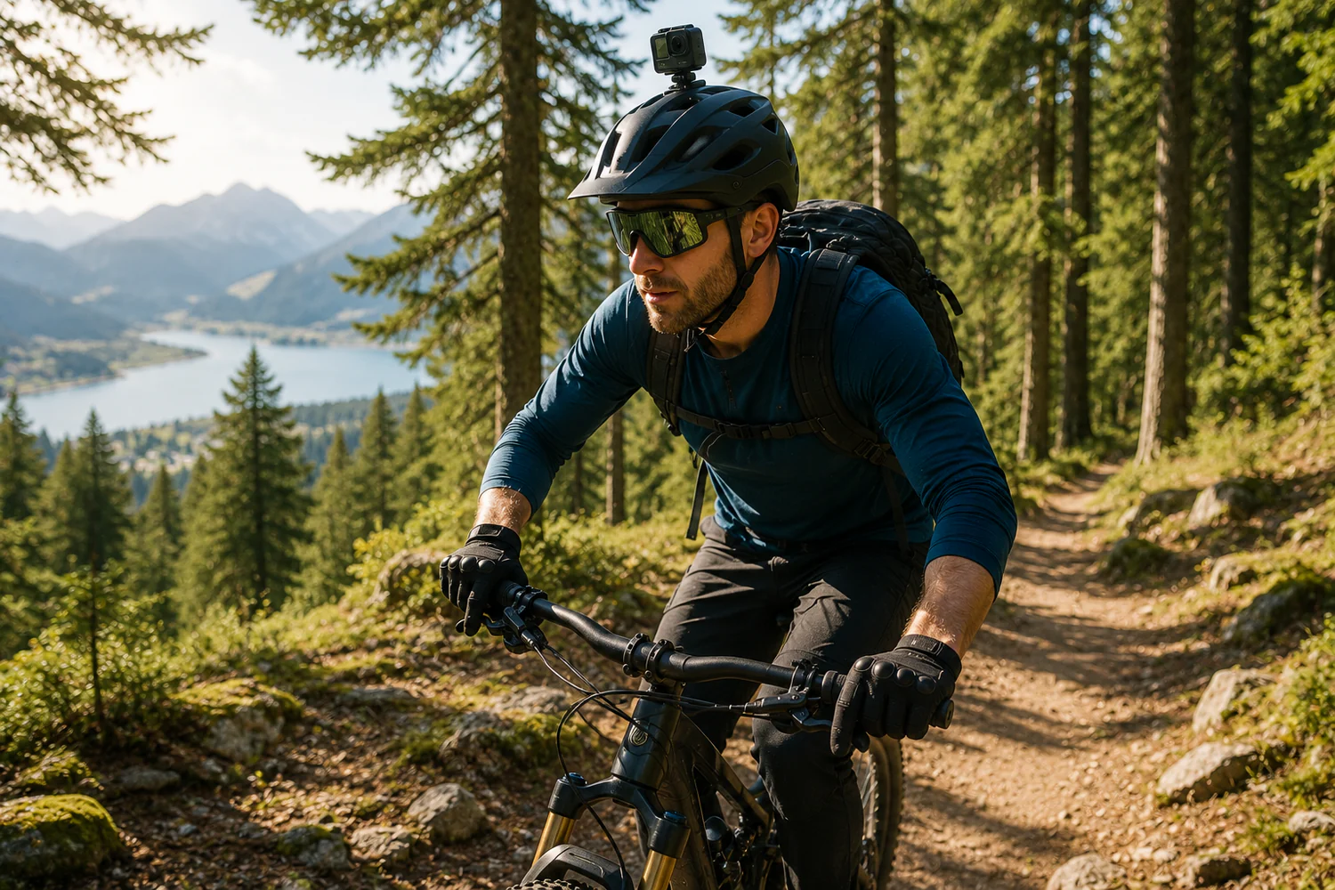 Cycliste en VTT portant une caméra d'action sur le casque sur un sentier forestier avec vue sur un lac de montagne.