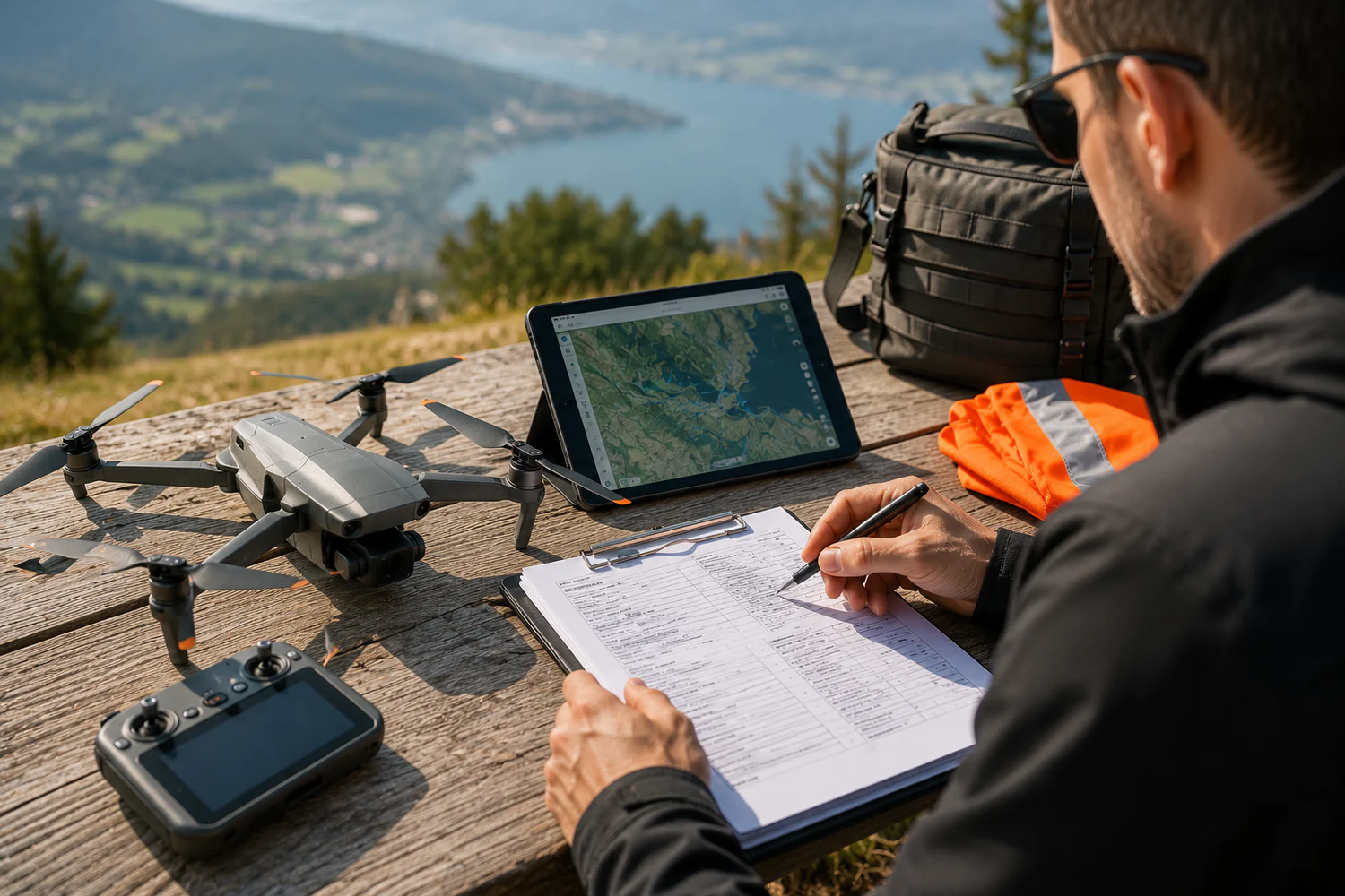 Pilote de drone consultant un formulaire d'assurance et une carte de vol sur une table en extérieur, avec drone et radiocommande à proximité.