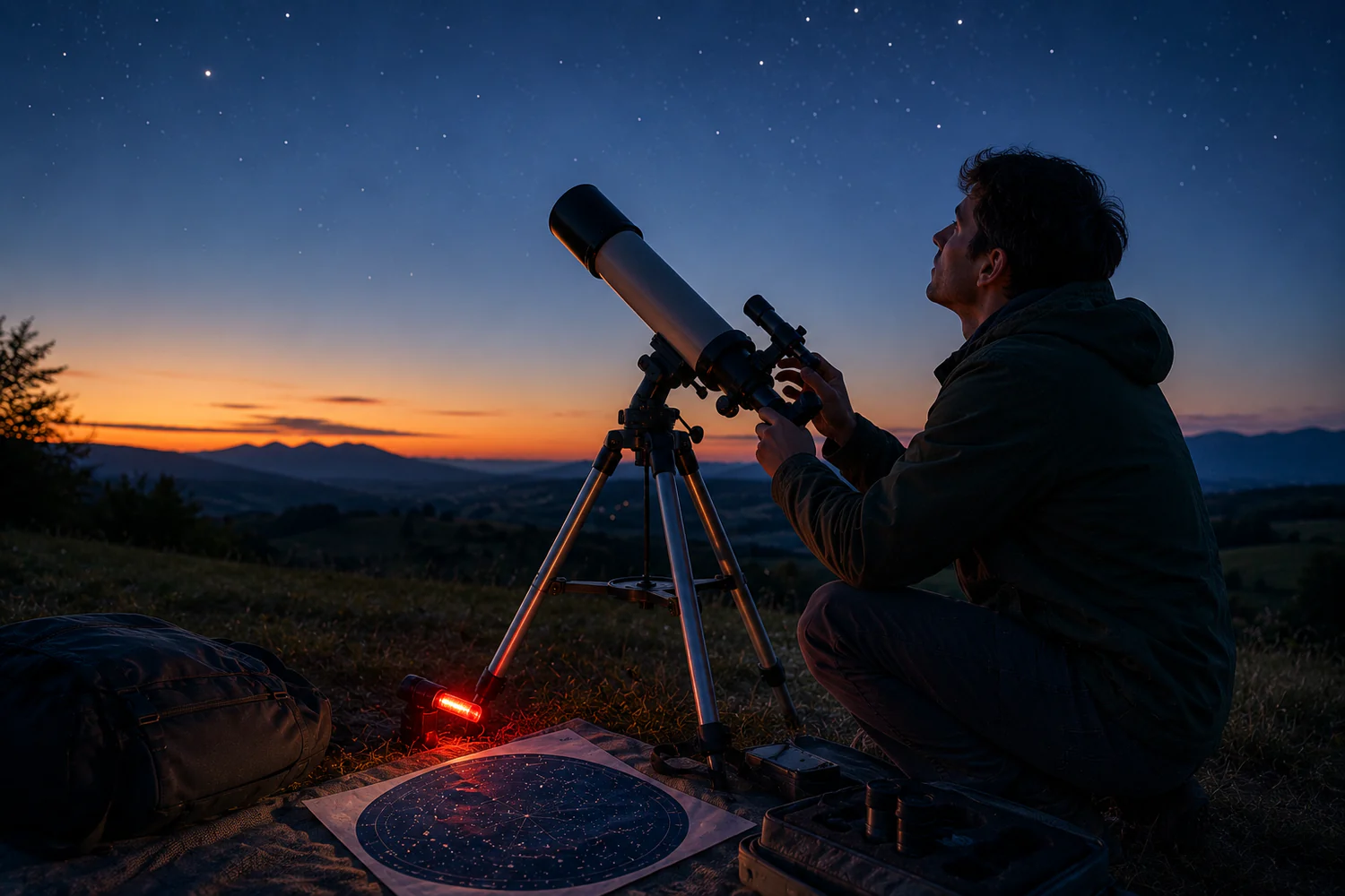Observateur débutant réglant un télescope sous un ciel étoilé au crépuscule, face à un paysage de montagne.